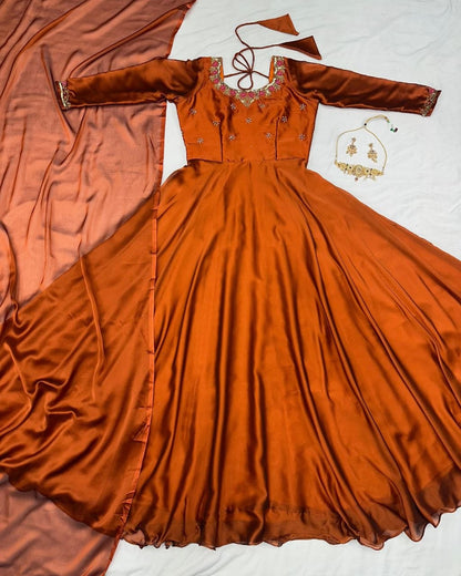Women's Rust Orange Embroidered Anarkali Gown with Dupatta