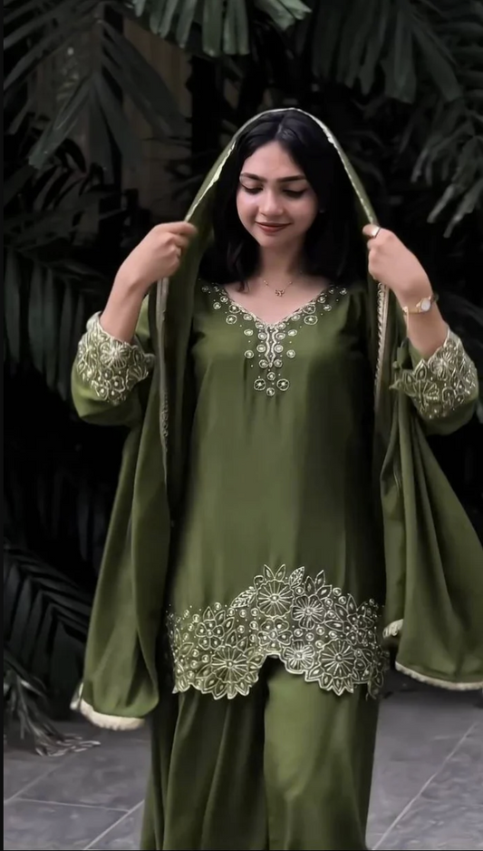Green & black  Chinnon Silk Designer Embroidery Kurta Set