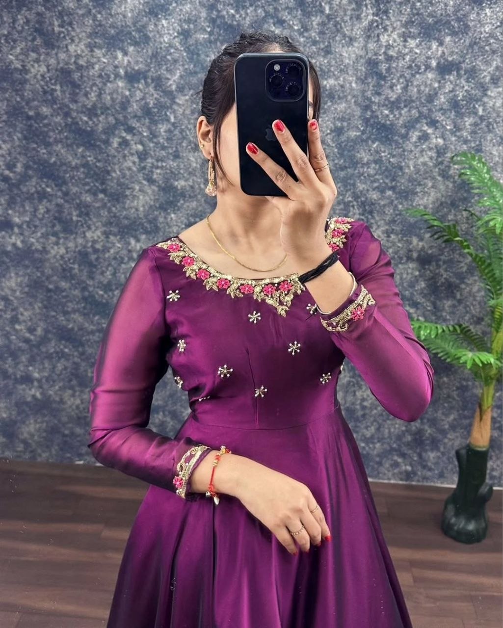 Designer Wine Color Party Wear Anarkali Gown Set