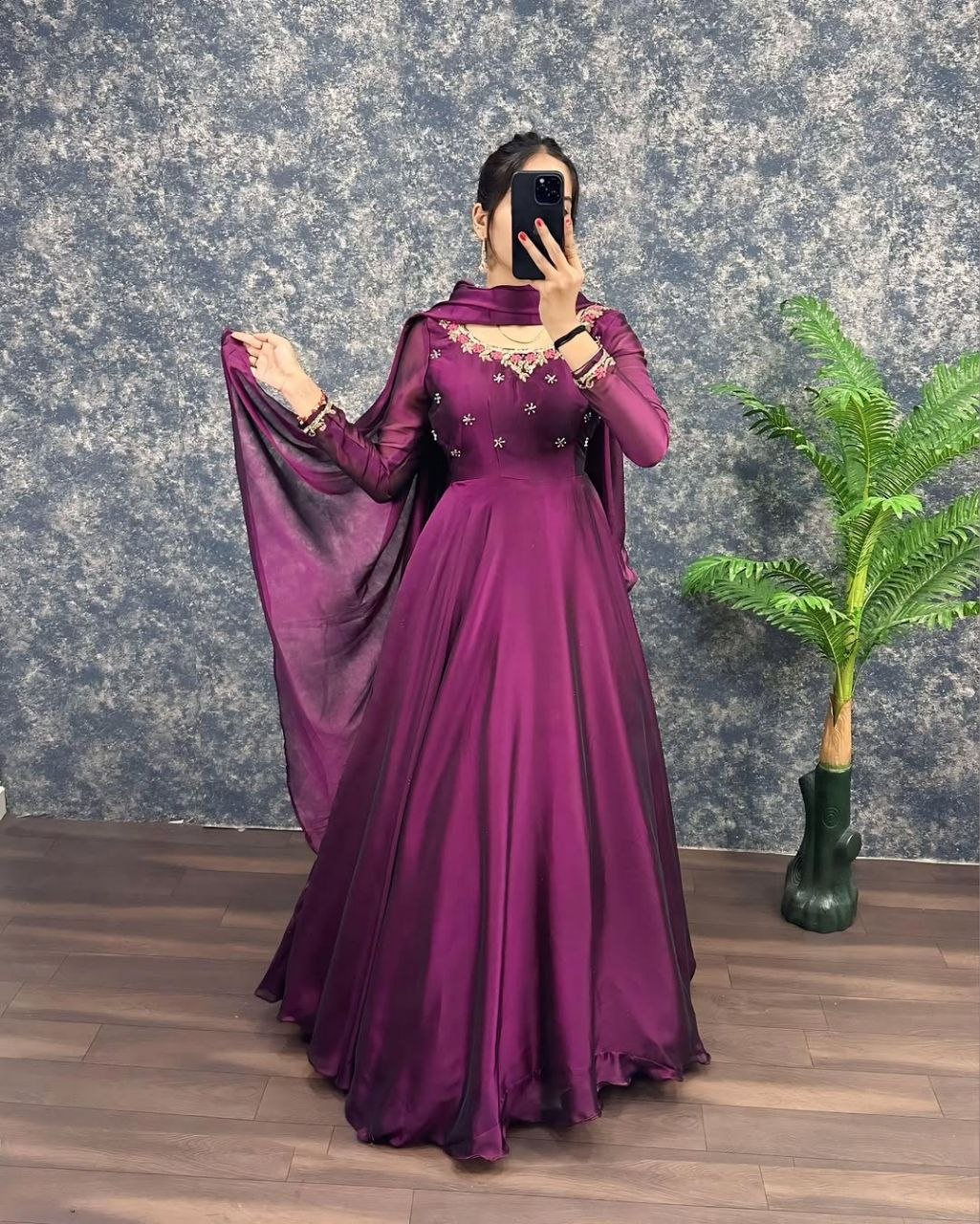 Designer Wine Color Party Wear Anarkali Gown Set