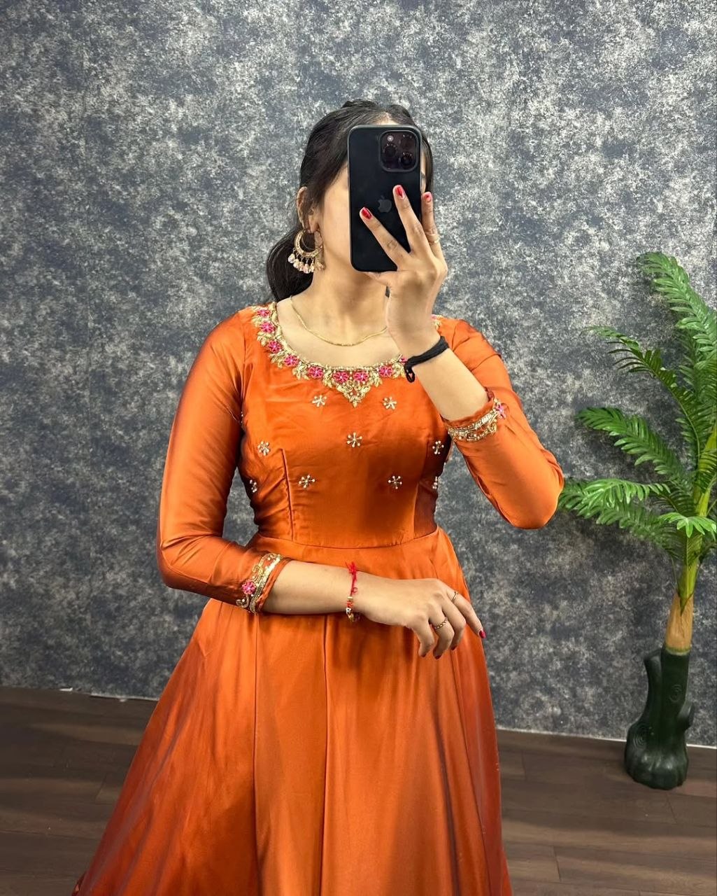 Women's Rust Orange Embroidered Anarkali Gown with Dupatta