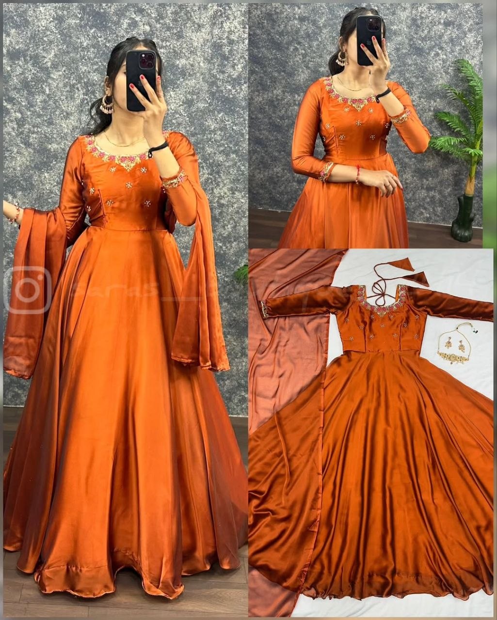 Women's Rust Orange Embroidered Anarkali Gown with Dupatta