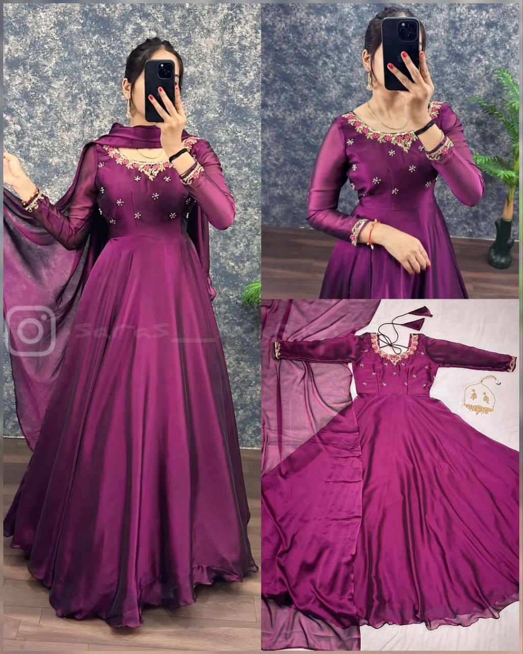 Designer Wine Color Party Wear Anarkali Gown Set