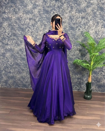 Royal Purple Embroidered Anarkali Gown with Dupatta