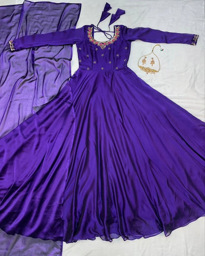 Royal Purple Embroidered Anarkali Gown with Dupatta