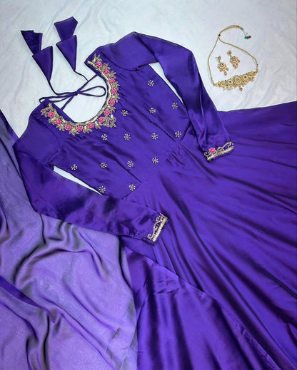 Royal Purple Embroidered Anarkali Gown with Dupatta