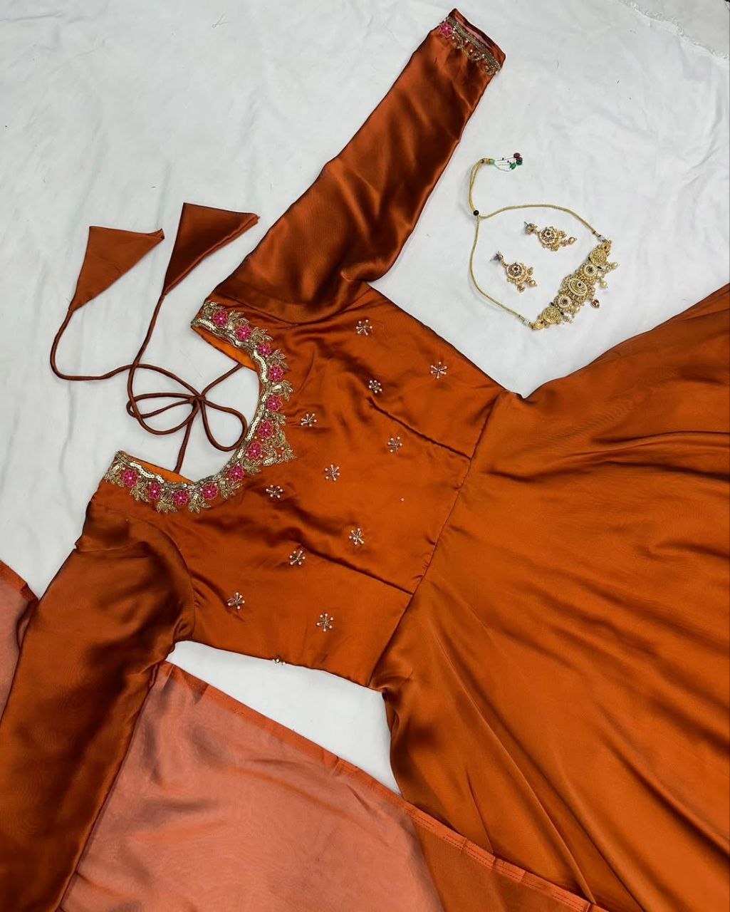 Women's Rust Orange Embroidered Anarkali Gown with Dupatta