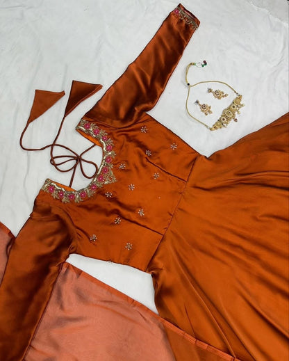 Women's Rust Orange Embroidered Anarkali Gown with Dupatta