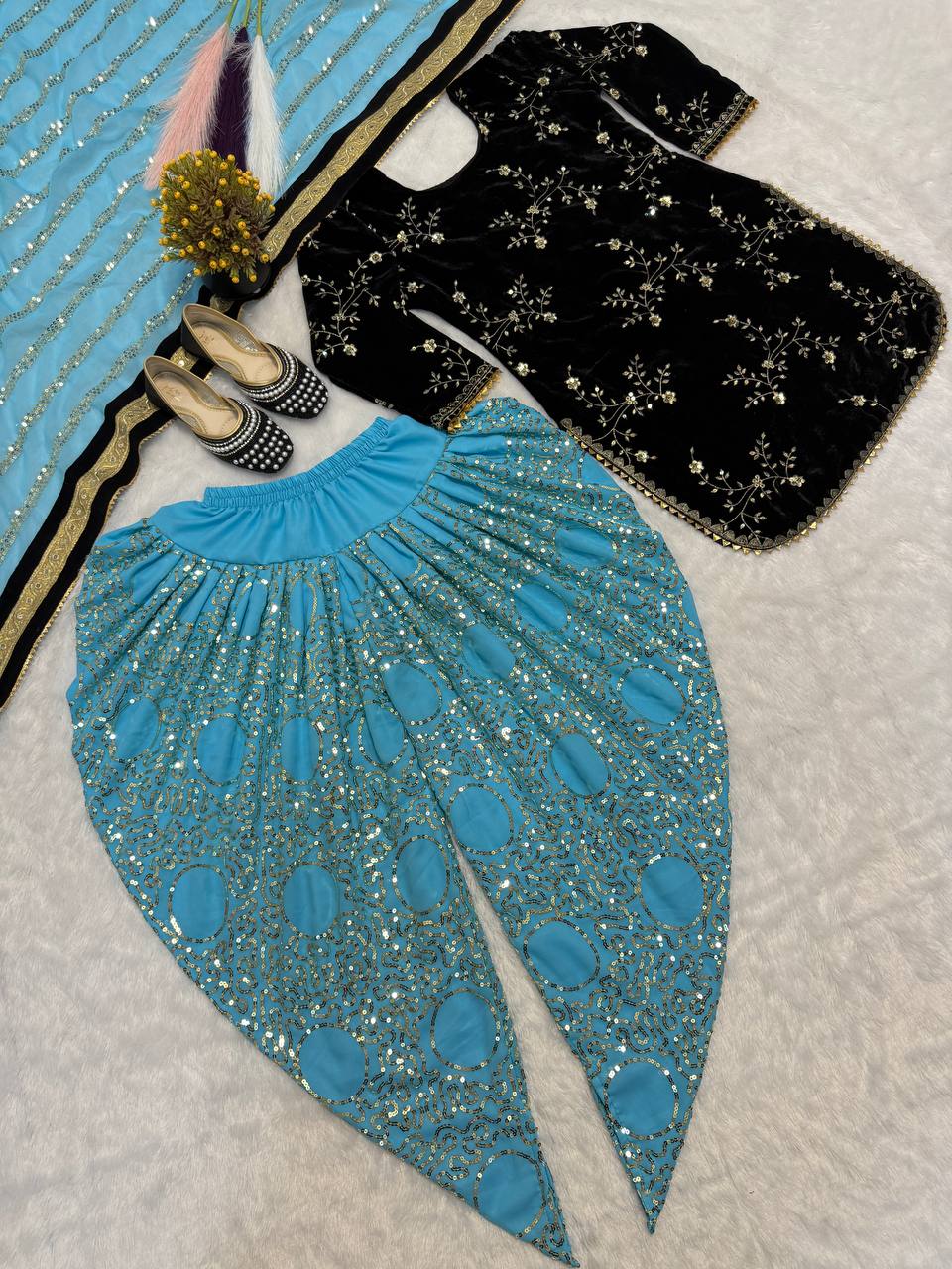 Royal Designer Dhoti Salwar Set with Fancy Top & Dupatta