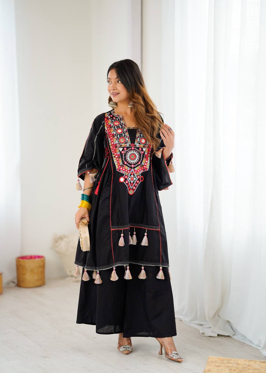 Black Color Pure Khadi Cotton Kurta With Pant Set