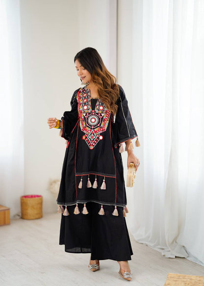 Black Color Pure Khadi Cotton Kurta With Pant Set