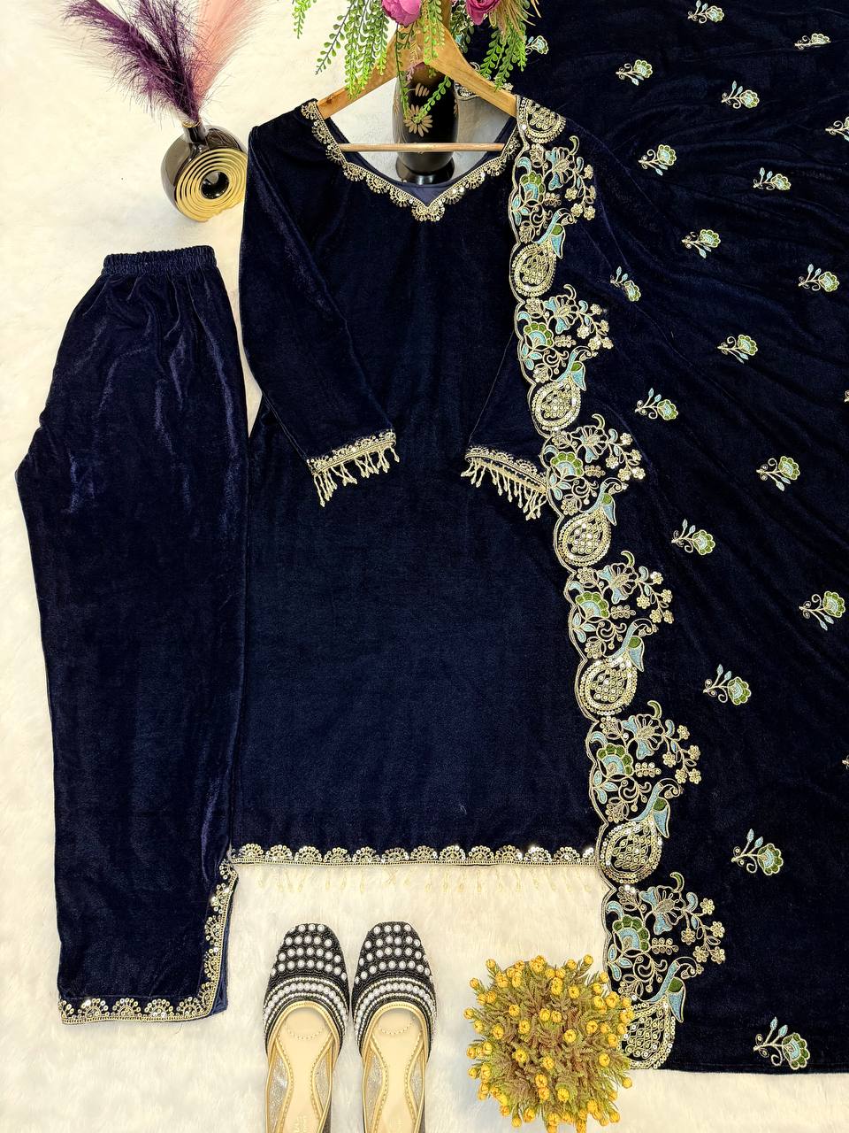 Party Wear Viscose Velvet Designer Suit with Heavy Sequin Embroidery