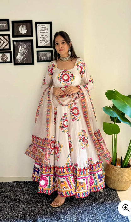 Majestic Moves: Moss Satin Silk Gown with Hand Mirror Work Dupatta