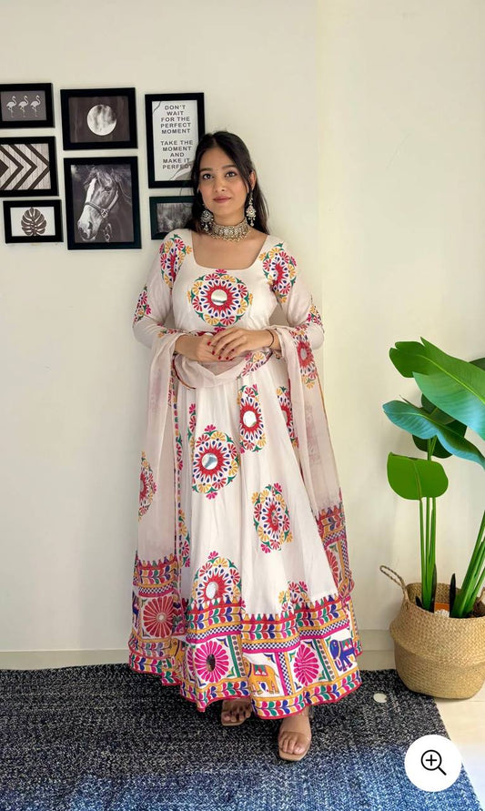Majestic Moves: Moss Satin Silk Gown with Hand Mirror Work Dupatta