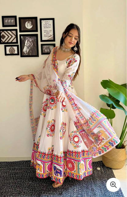 Majestic Moves: Moss Satin Silk Gown with Hand Mirror Work Dupatta