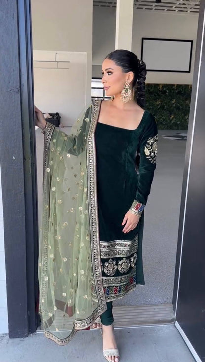 Designer Velvet Party Suit with Heavy Sequin Embroidery & Fully Stitched Bottom