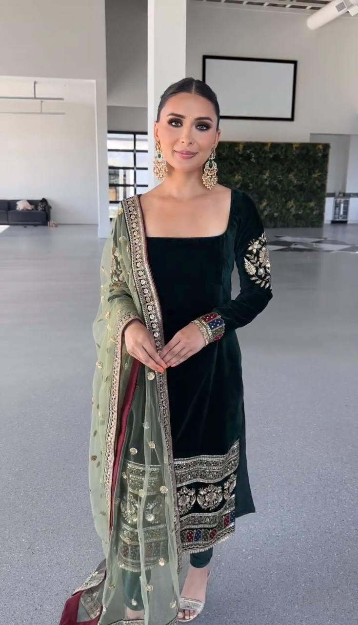 Designer Velvet Party Suit with Heavy Sequin Embroidery & Fully Stitched Bottom