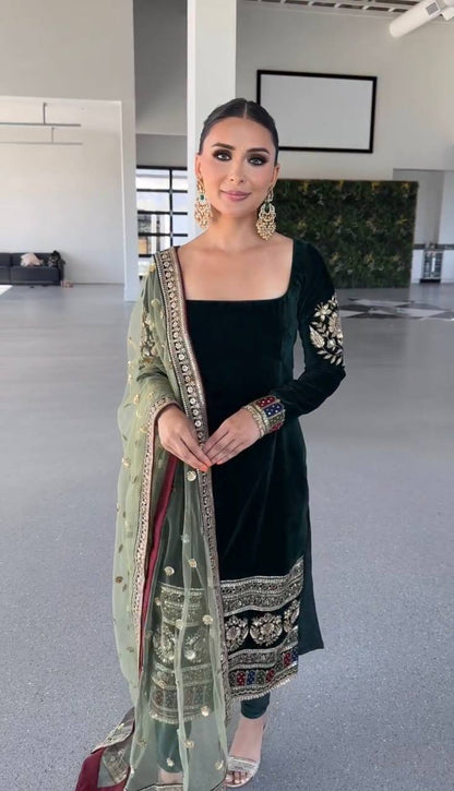 Designer Velvet Party Suit with Heavy Sequin Embroidery & Fully Stitched Bottom