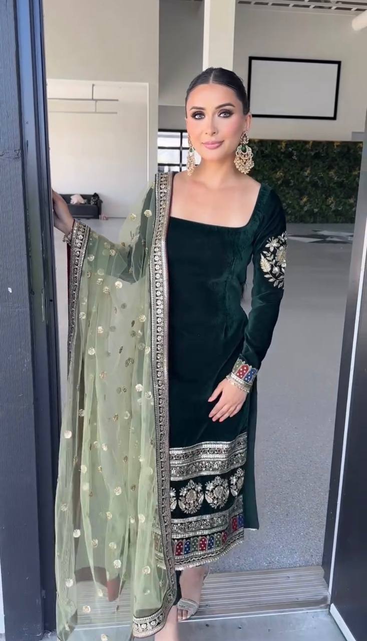 Designer Velvet Party Suit with Heavy Sequin Embroidery & Fully Stitched Bottom