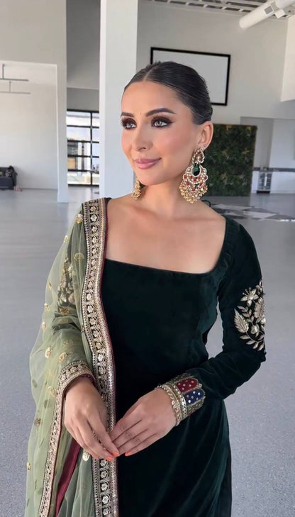 Designer Velvet Party Suit with Heavy Sequin Embroidery & Fully Stitched Bottom