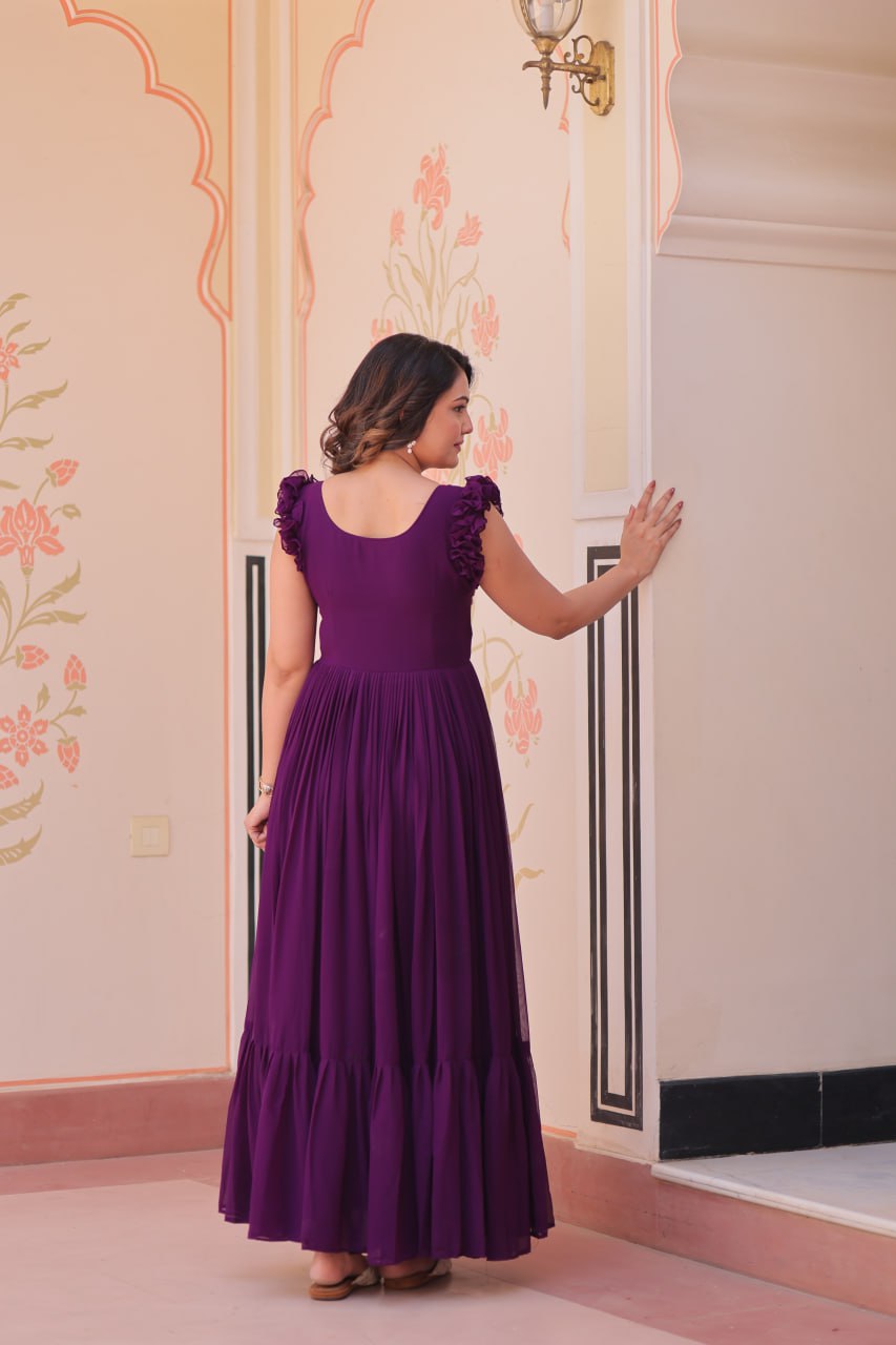 Multithreaded Beads Embroidery work mustard Purple colour gown