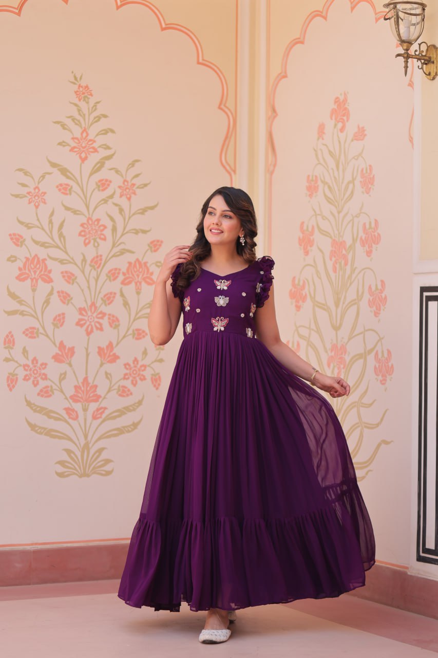 Multithreaded Beads Embroidery work mustard Purple colour gown