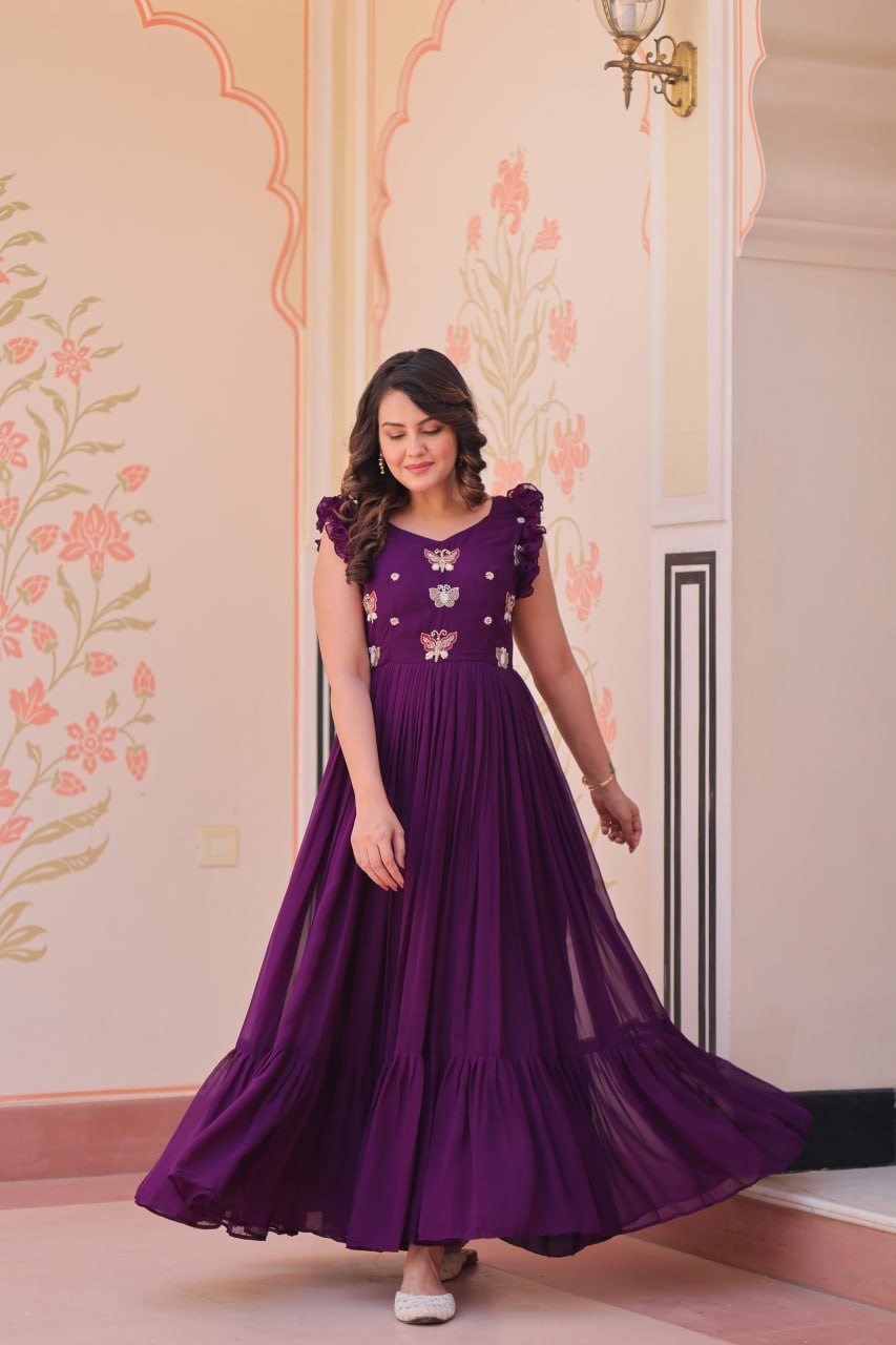 Multithreaded Beads Embroidery work mustard Purple colour gown