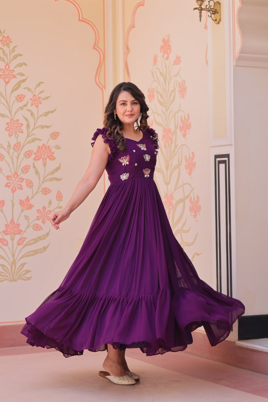 Multithreaded Beads Embroidery work mustard Purple colour gown