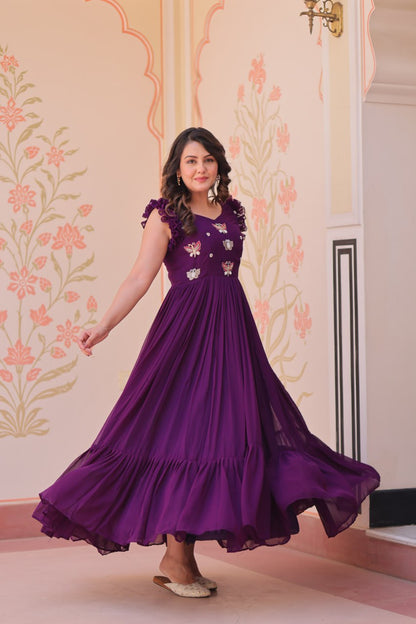 Multithreaded Beads Embroidery work mustard Purple colour gown