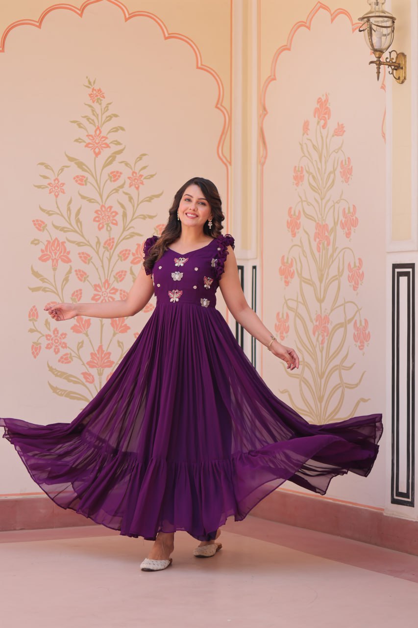 Multithreaded Beads Embroidery work mustard Purple colour gown