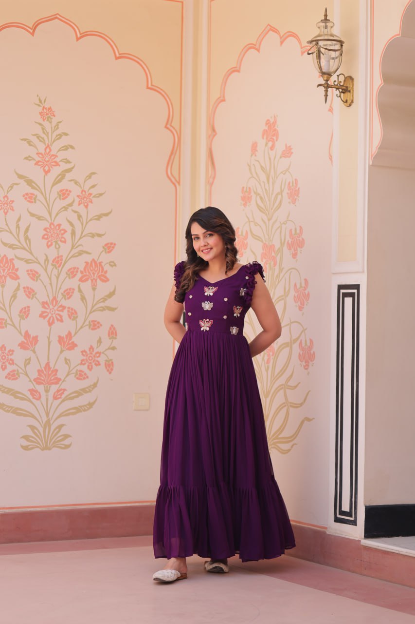 Multithreaded Beads Embroidery work mustard Purple colour gown