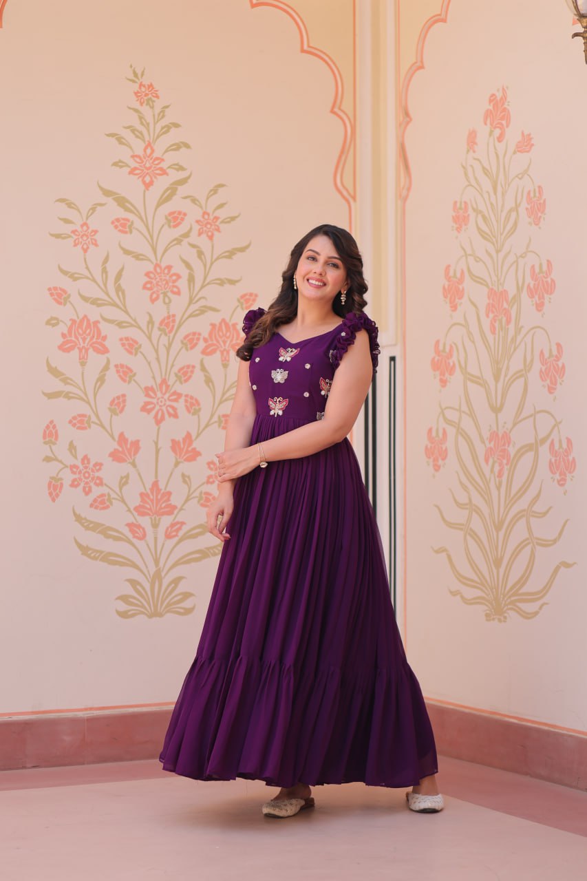 Multithreaded Beads Embroidery work mustard Purple colour gown