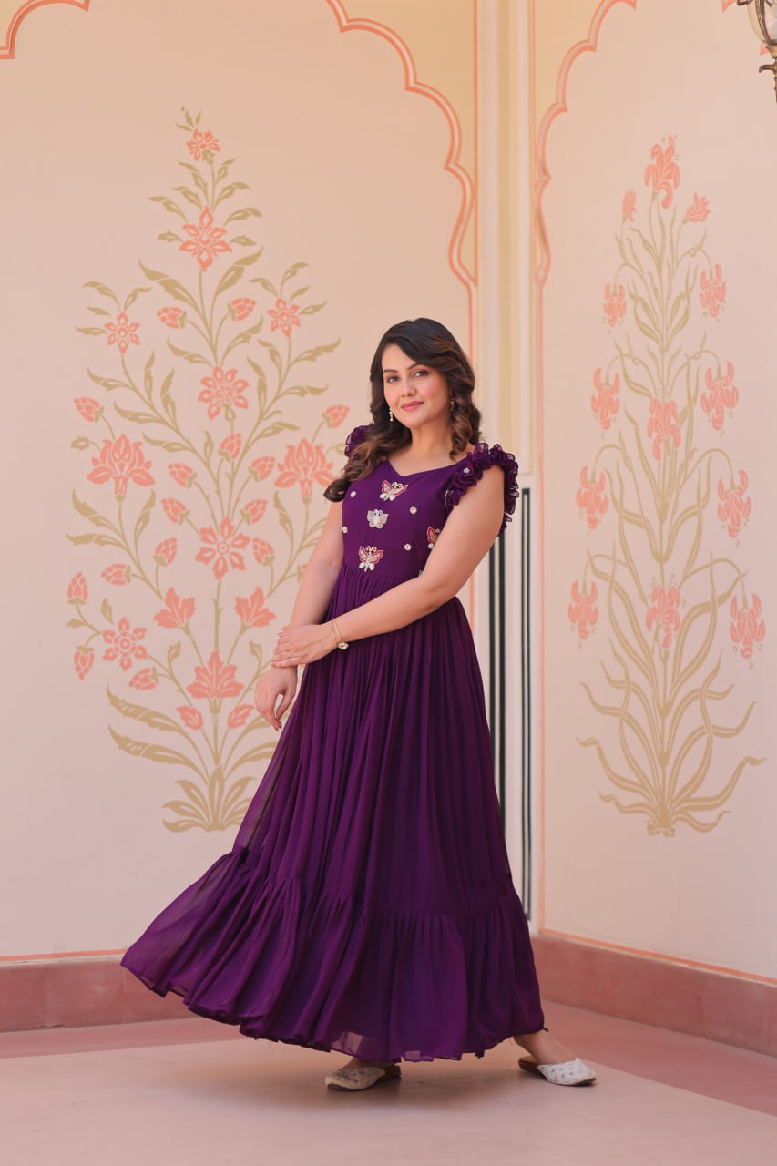 Multithreaded Beads Embroidery work mustard Purple colour gown