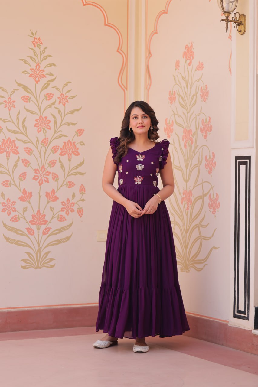 Multithreaded Beads Embroidery work mustard Purple colour gown