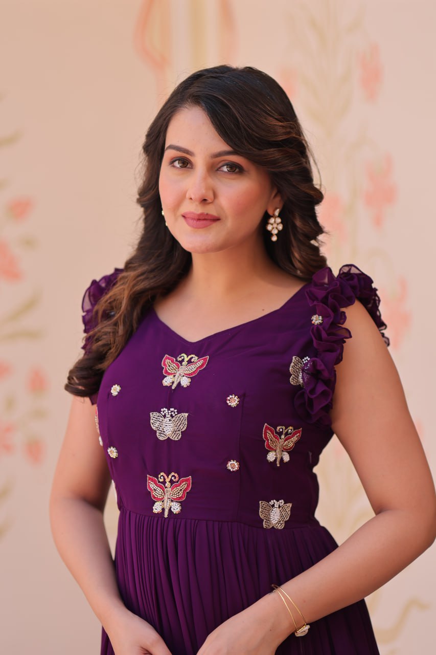 Multithreaded Beads Embroidery work mustard Purple colour gown