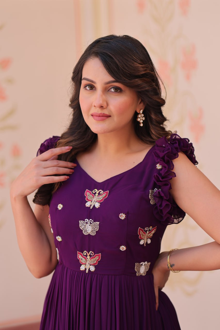 Multithreaded Beads Embroidery work mustard Purple colour gown