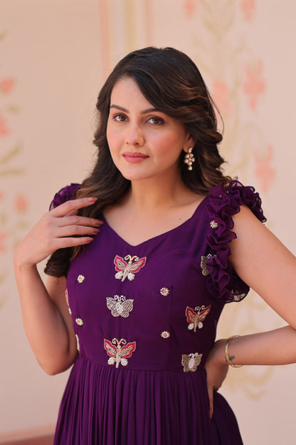 Multithreaded Beads Embroidery work mustard Purple colour gown