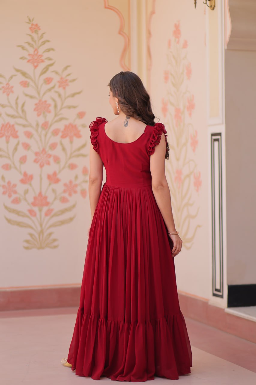 Multithreaded Beads Embroidery work mustard red colour gown