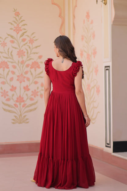 Multithreaded Beads Embroidery work mustard red colour gown