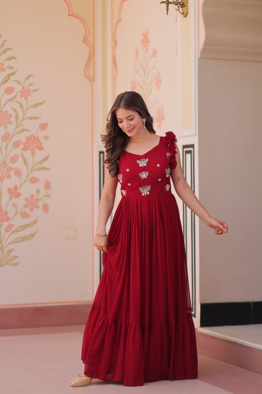Multithreaded Beads Embroidery work mustard red colour gown