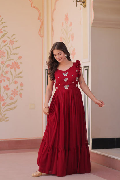 Multithreaded Beads Embroidery work mustard red colour gown