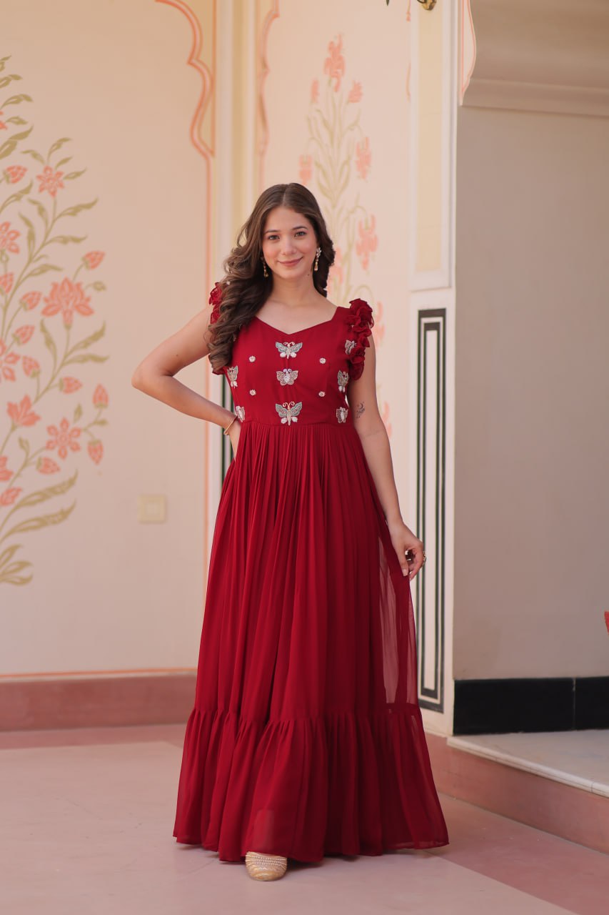 Multithreaded Beads Embroidery work mustard red colour gown