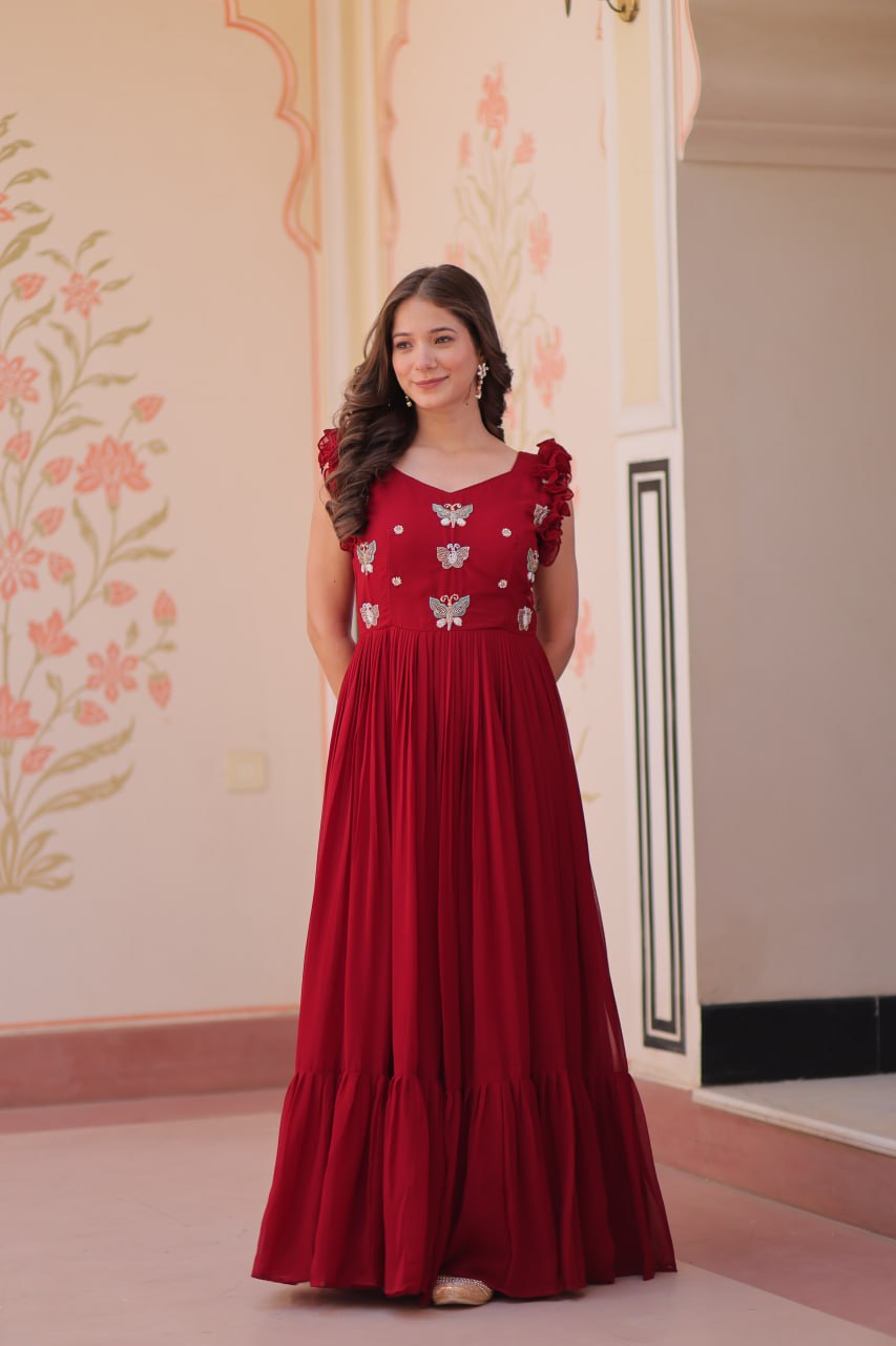 Multithreaded Beads Embroidery work mustard red colour gown