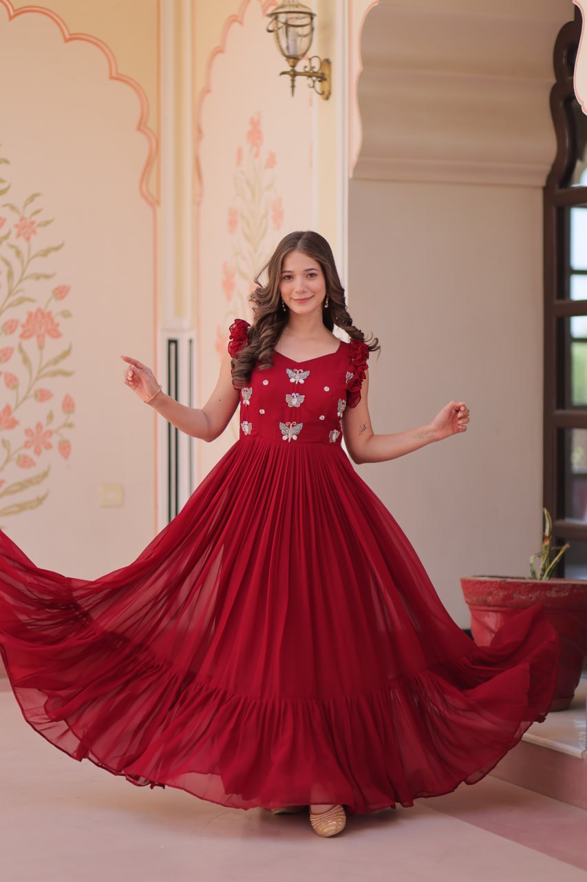 Multithreaded Beads Embroidery work mustard red colour gown