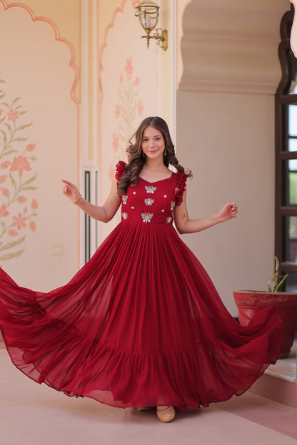 Multithreaded Beads Embroidery work mustard red colour gown