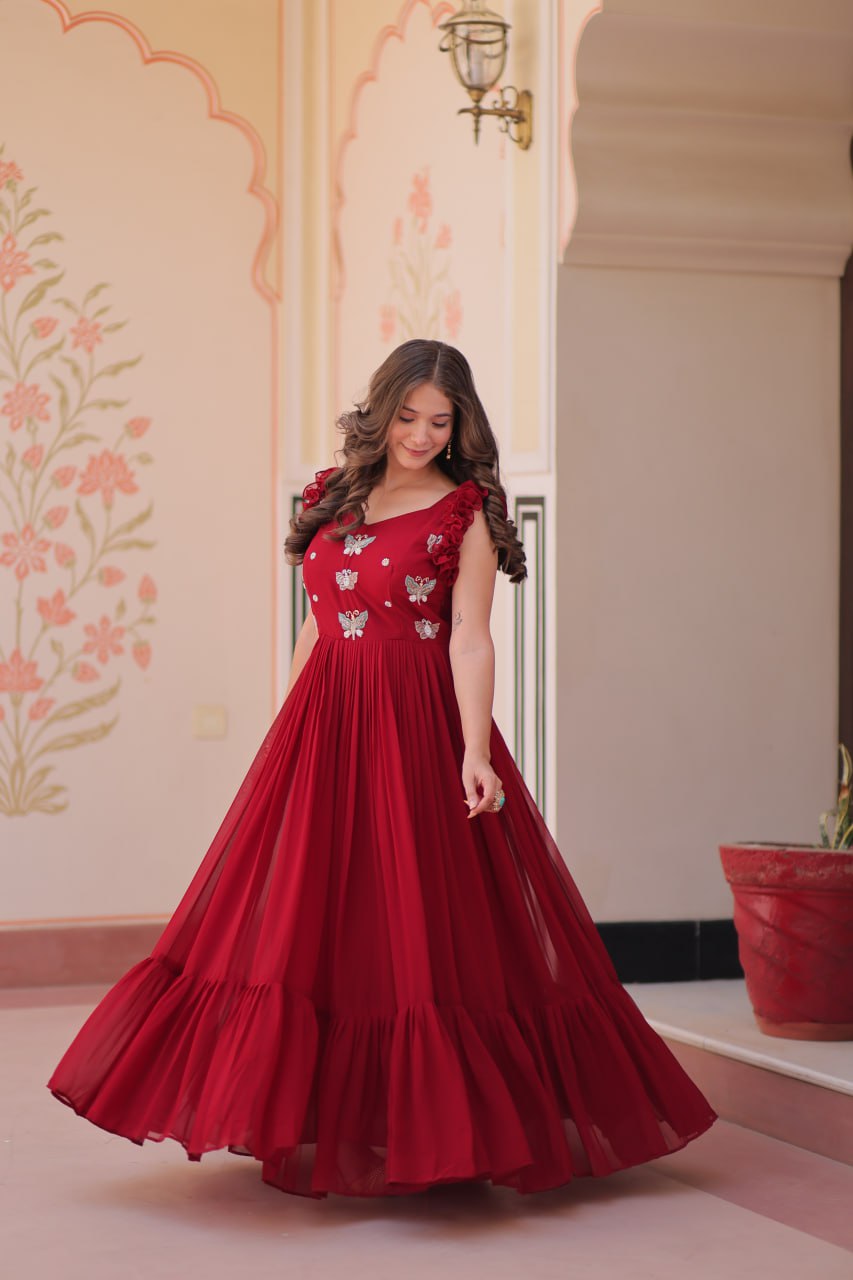 Multithreaded Beads Embroidery work mustard red colour gown