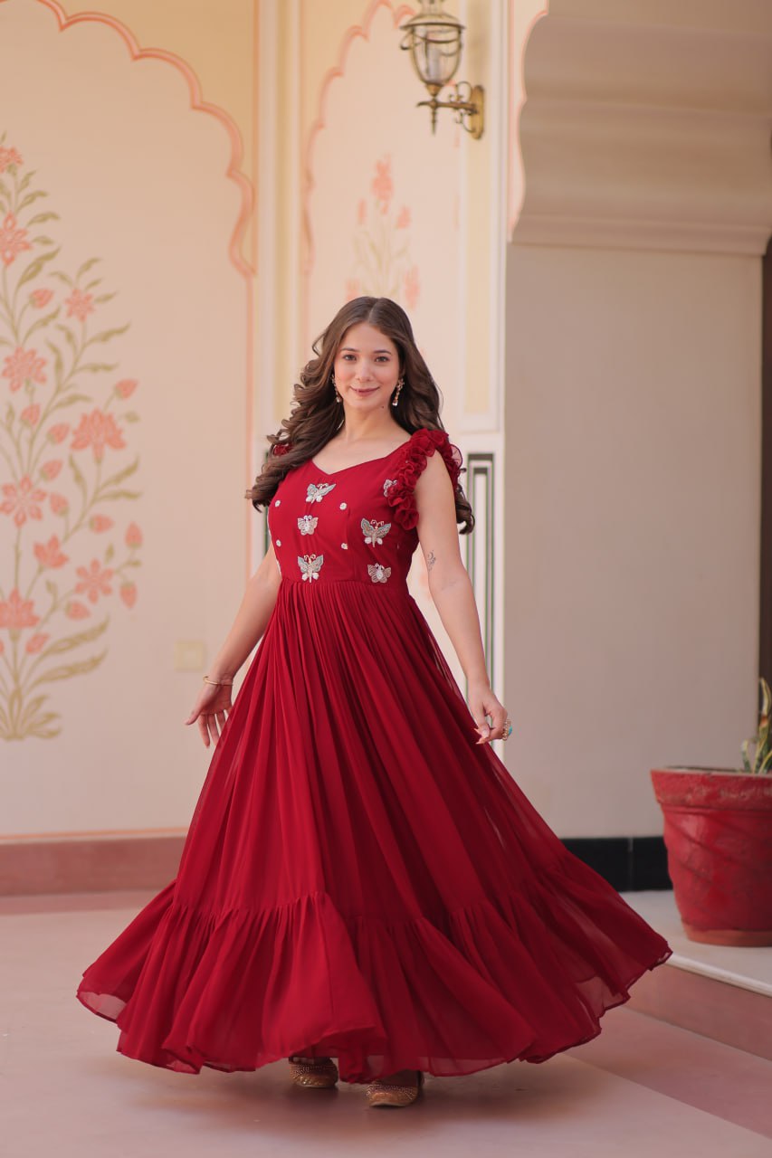 Multithreaded Beads Embroidery work mustard red colour gown