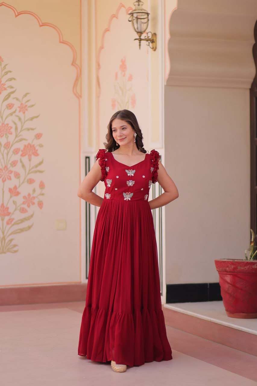 Multithreaded Beads Embroidery work mustard red colour gown