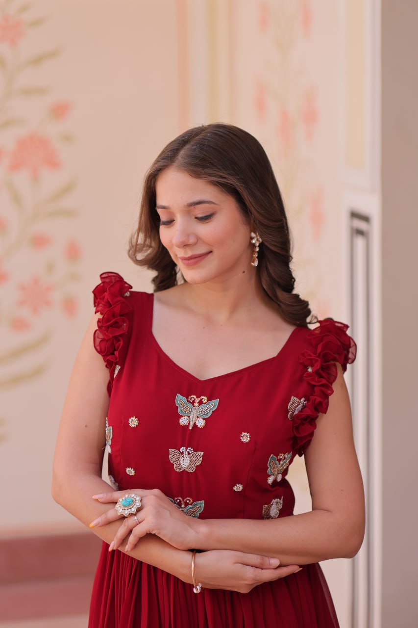 Multithreaded Beads Embroidery work mustard red colour gown