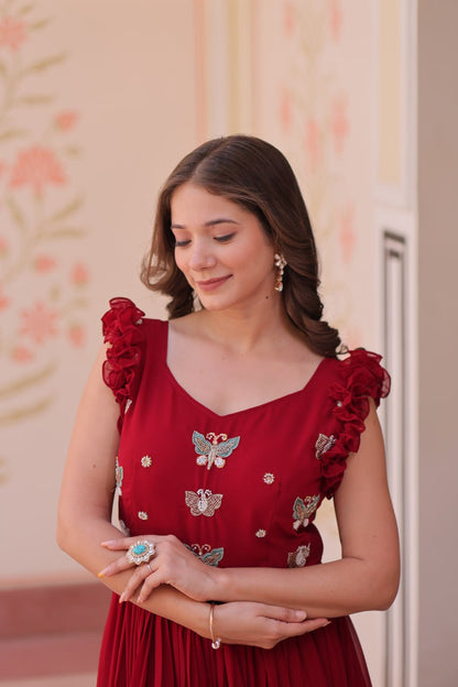 Multithreaded Beads Embroidery work mustard red colour gown